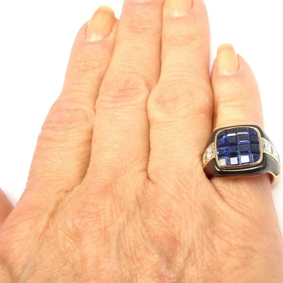 Piaget 18k Yellow Gold Diamond Invisible Set Sapphire Enamel Ring - Picture 8 of 9